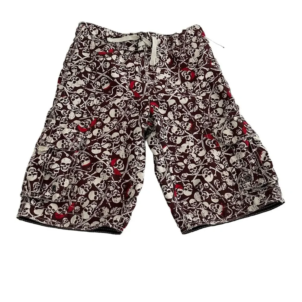 Skull Pirates Swim Trunks Mens' Small Size 28 Brown White Skate Board Shorts